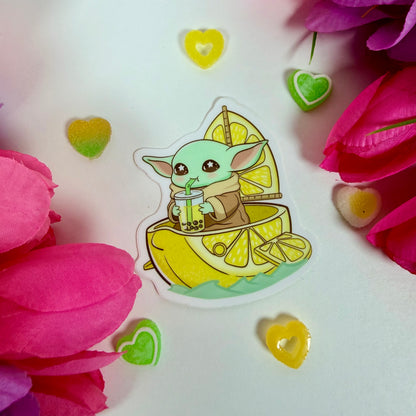 Kawaii Lemon baby yoda  Boba Vinyl Sticker – Cute Citrus Waterproof Pastel Decal