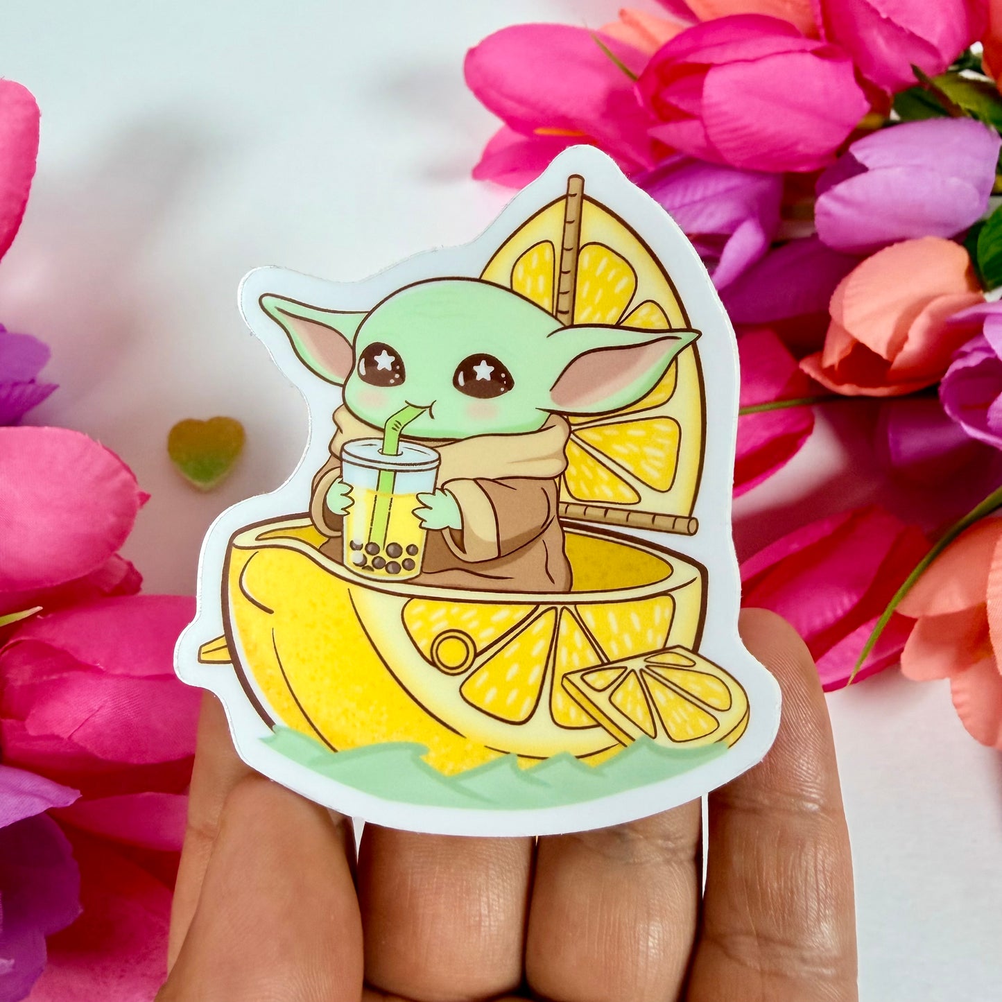 Kawaii Lemon baby yoda  Boba Vinyl Sticker – Cute Citrus Waterproof Pastel Decal