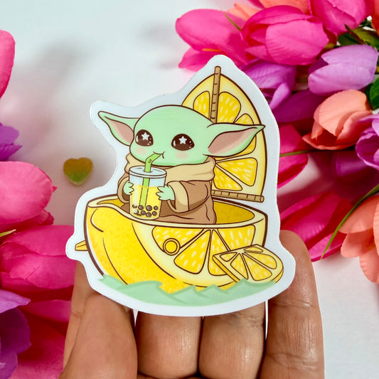Kawaii Lemon baby yoda  Boba Vinyl Sticker – Cute Citrus Waterproof Pastel Decal