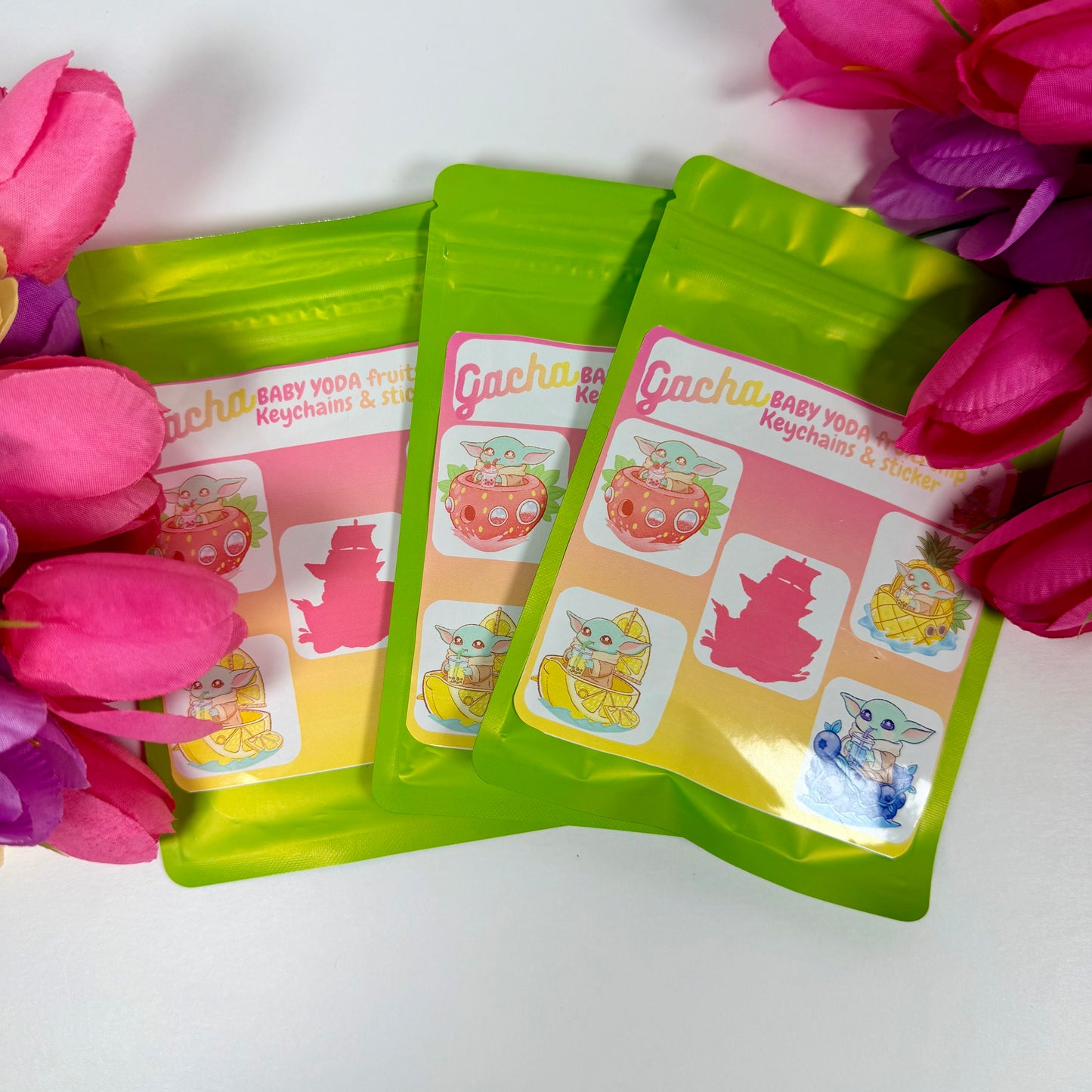 Mystery Baby Yoda Fruit Gacha Pack – Kawaii Keychain & Waterproof Sticker Surprise Bag