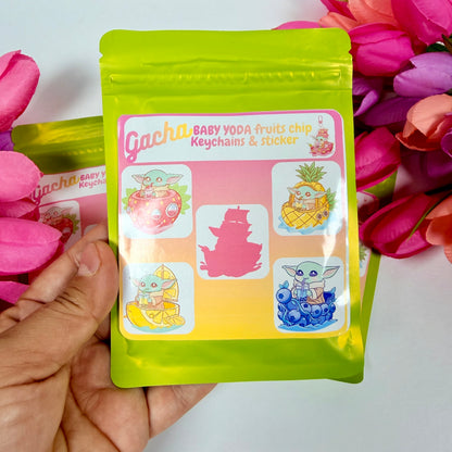 Mystery Baby Yoda Fruit Gacha Pack – Kawaii Keychain & Waterproof Sticker Surprise Bag
