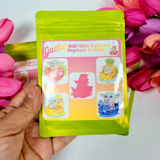 Mystery Baby Yoda Fruit Gacha Pack – Kawaii Keychain & Waterproof Sticker Surprise Bag
