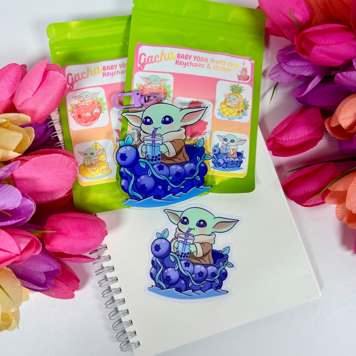 Mystery Baby Yoda Fruit Gacha Pack – Kawaii Keychain & Waterproof Sticker Surprise Bag