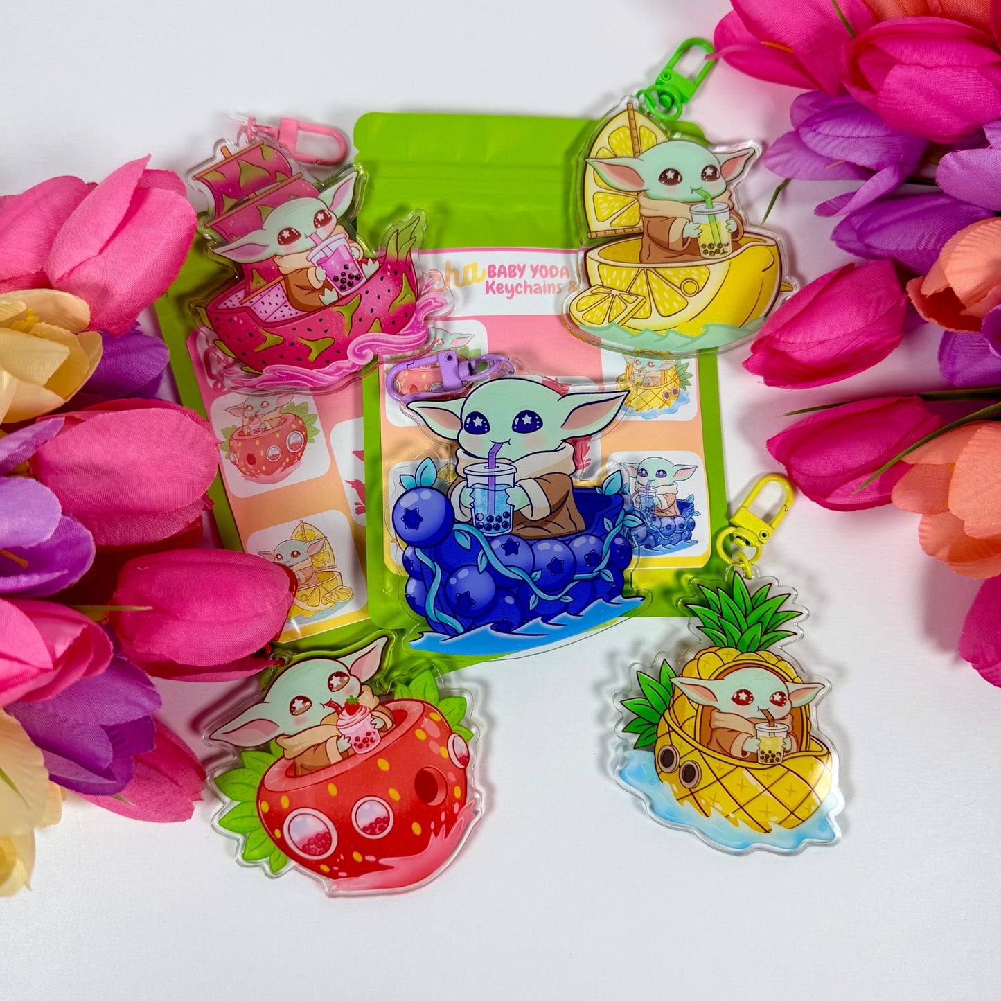 Mystery Baby Yoda Fruit Gacha Pack – Kawaii Keychain & Waterproof Sticker Surprise Bag