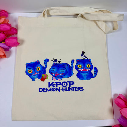 K-Pop Demon Hunters Inspired Cat Canvas Tote Bag | Cute Blue Cat Reusable Book Bag | Fan-Inspired Cotton Tote