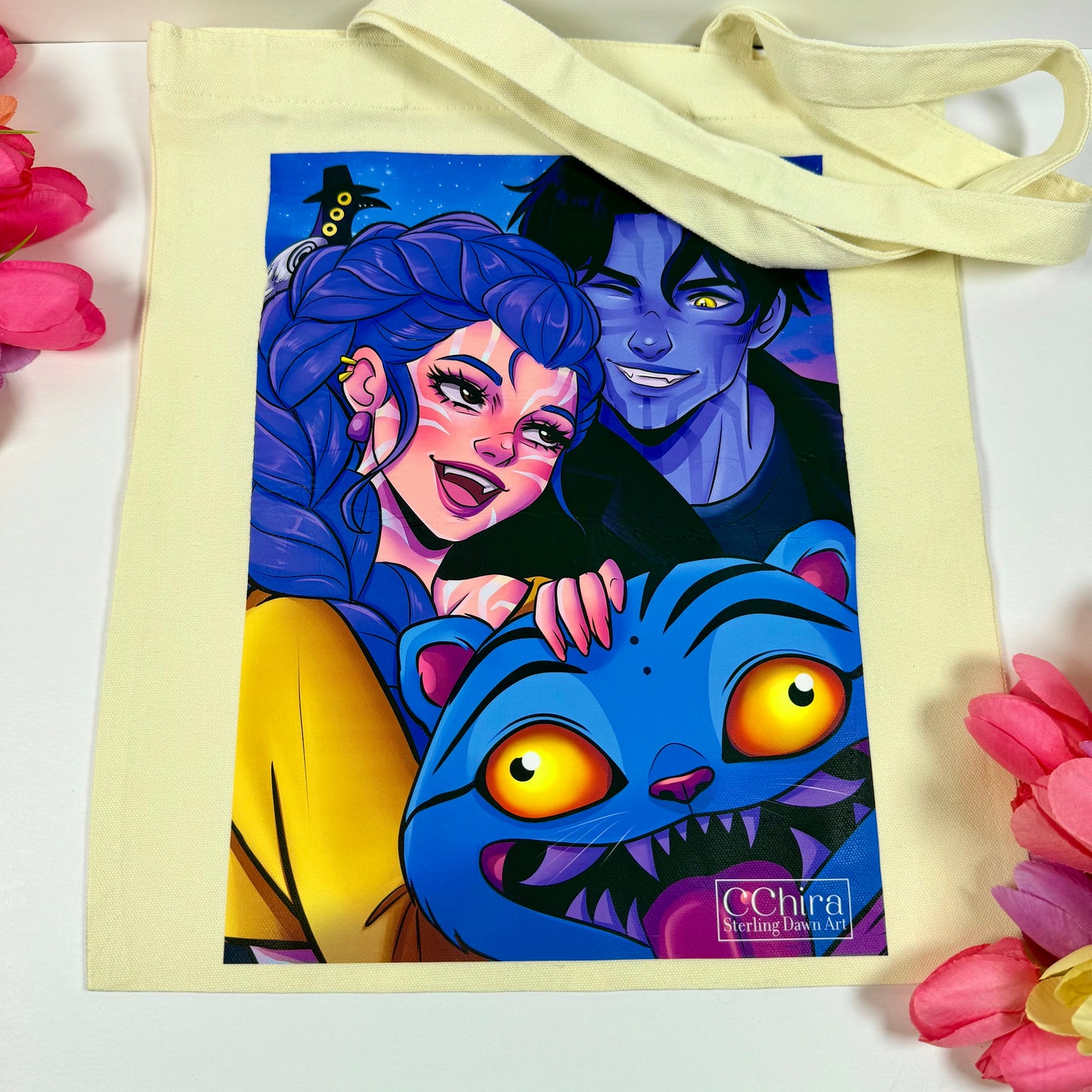 K-Pop Demon Hunters Inspired Cat Canvas Tote Bag | Cute Blue Cat Reusable Book Bag | Fan-Inspired Cotton Tote