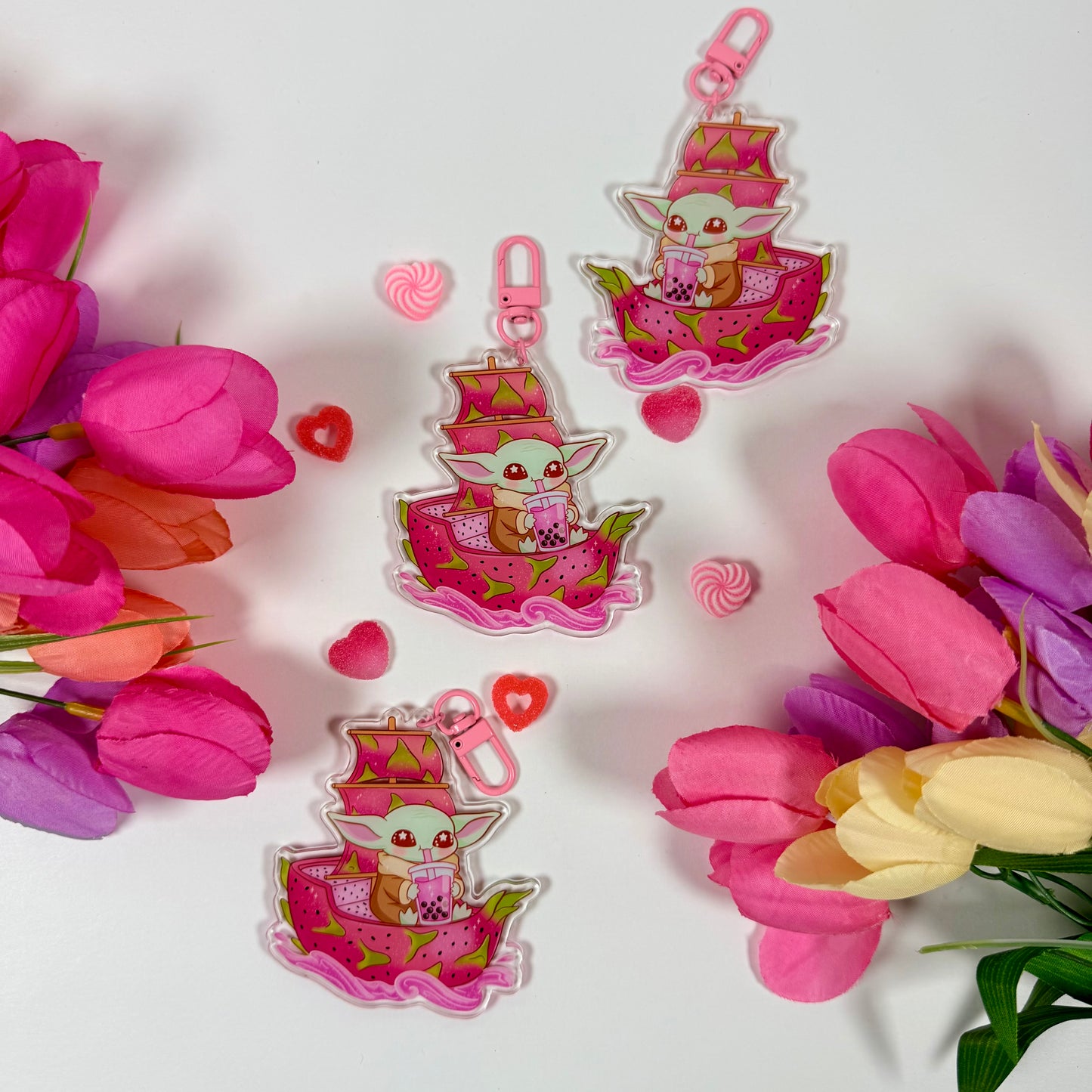 Cute Space baby yoda  Creature Dragon Fruit Acrylic Keychain | Bubble Tea Double-Sided Charm