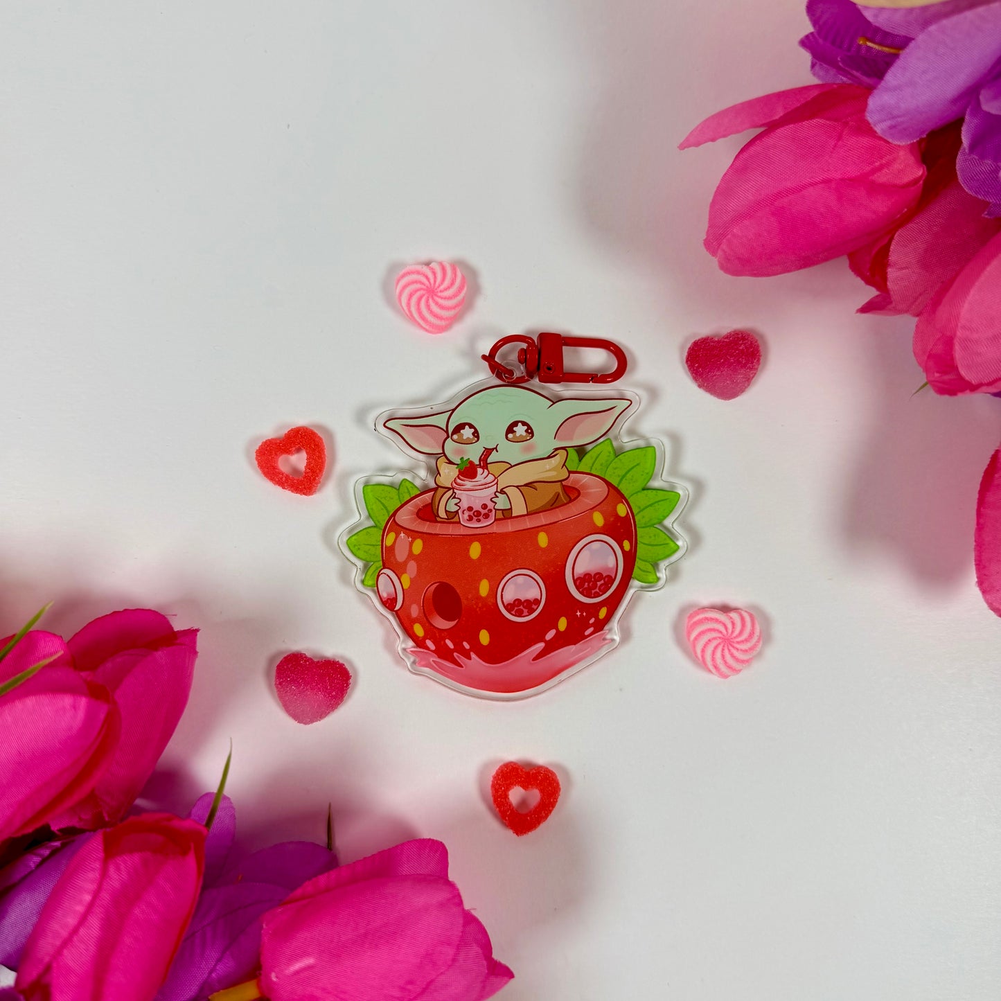 Cute Space baby yoda Creature Strawberry Boat Acrylic Keychain | Bubble Tea Double-Sided Charm