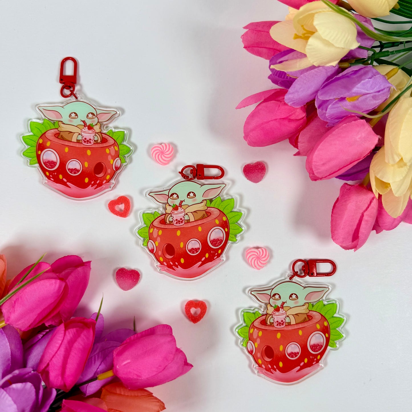 Cute Space baby yoda Creature Strawberry Boat Acrylic Keychain | Bubble Tea Double-Sided Charm
