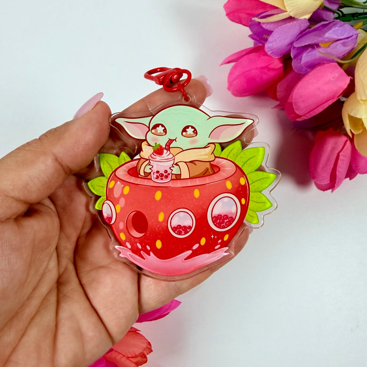 Cute Space baby yoda Creature Strawberry Boat Acrylic Keychain | Bubble Tea Double-Sided Charm