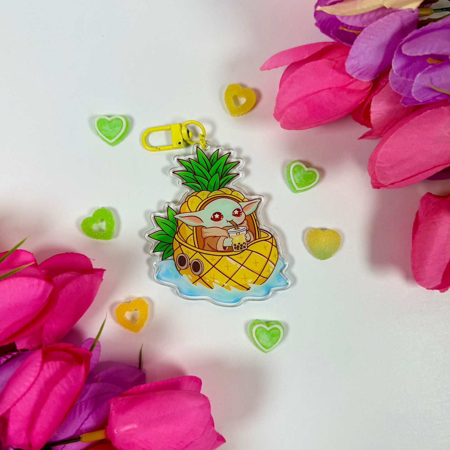 Cute Space baby yoda Creature Pineapple Boat Acrylic Keychain | Bubble Tea Double-Sided Charm