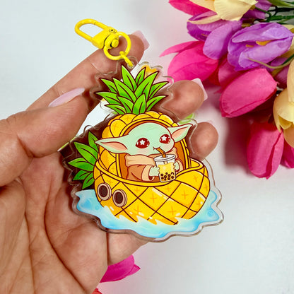 Cute Space baby yoda Creature Pineapple Boat Acrylic Keychain | Bubble Tea Double-Sided Charm