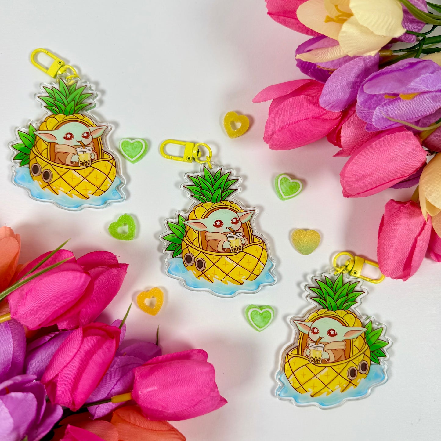 Cute Space baby yoda Creature Pineapple Boat Acrylic Keychain | Bubble Tea Double-Sided Charm