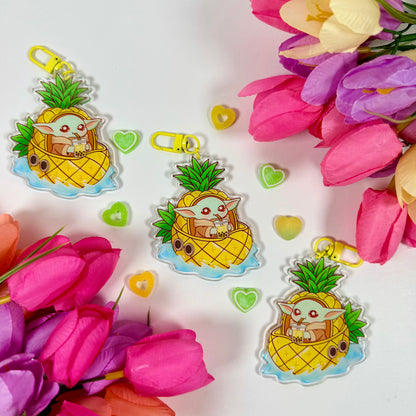 Cute Space baby yoda Creature Pineapple Boat Acrylic Keychain | Bubble Tea Double-Sided Charm