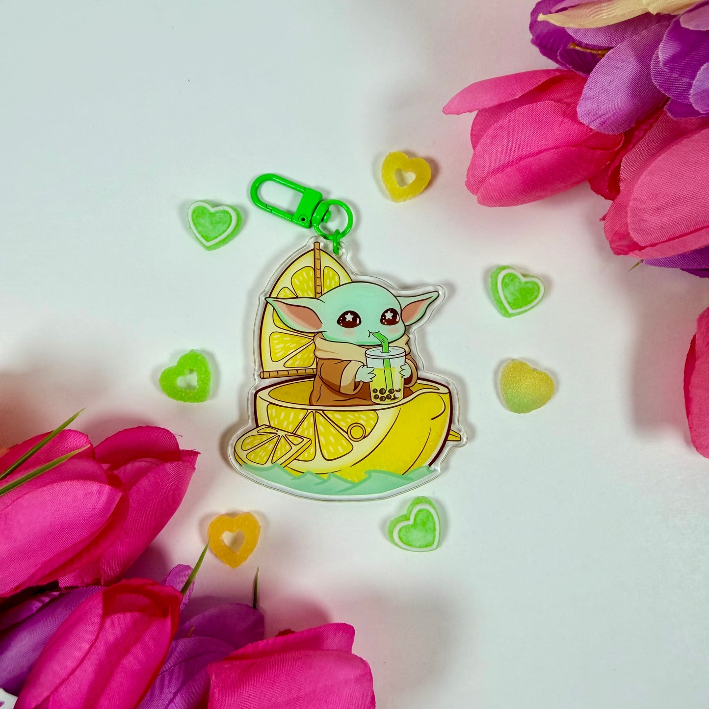 Cute Space baby yoda Creature Lemon Boat Acrylic Keychain | Bubble Tea Double-Sided Charm