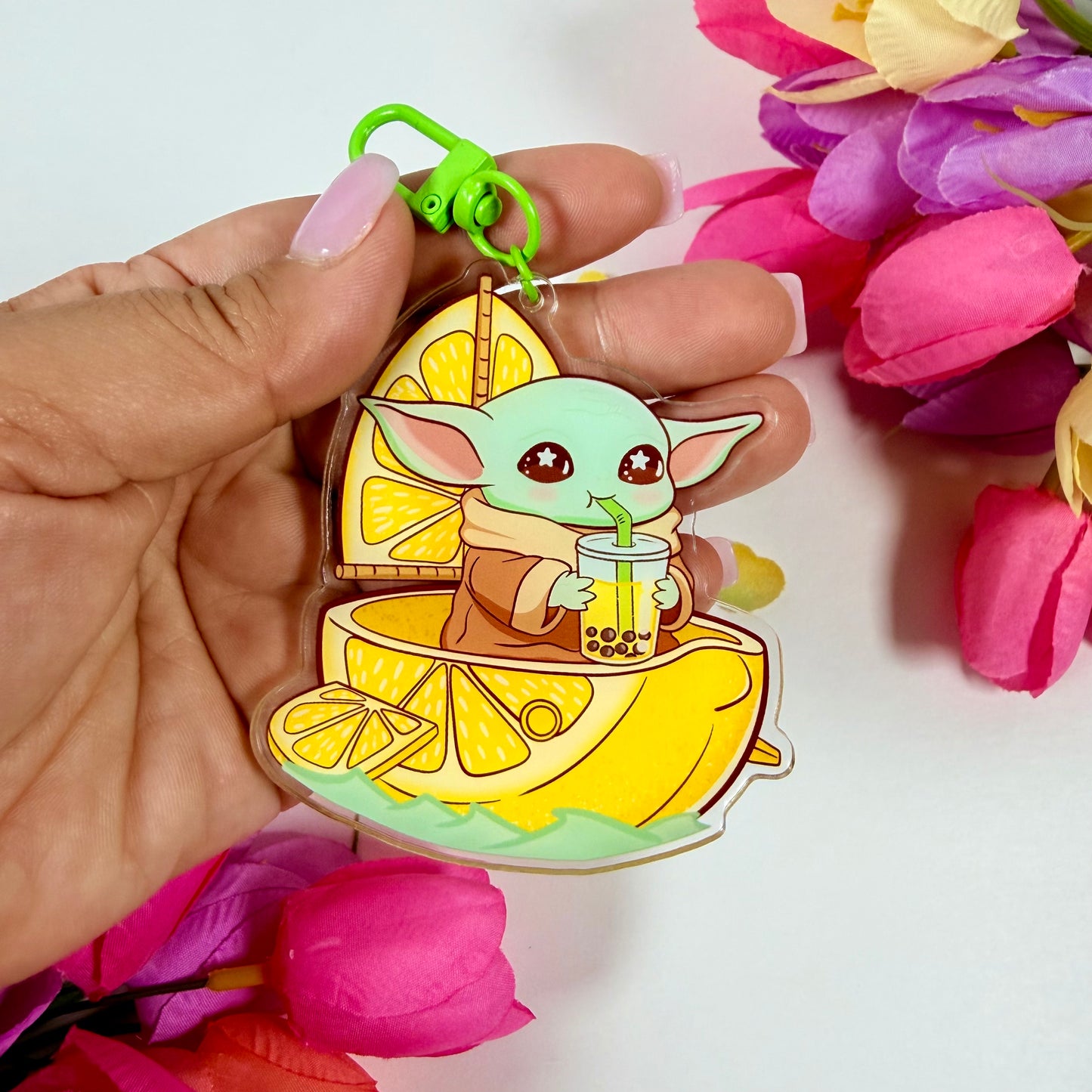 Cute Space baby yoda Creature Lemon Boat Acrylic Keychain | Bubble Tea Double-Sided Charm
