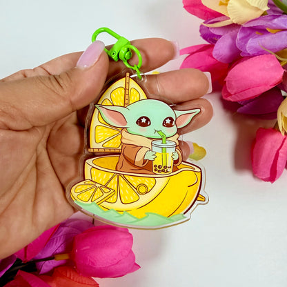 Cute Space baby yoda Creature Lemon Boat Acrylic Keychain | Bubble Tea Double-Sided Charm