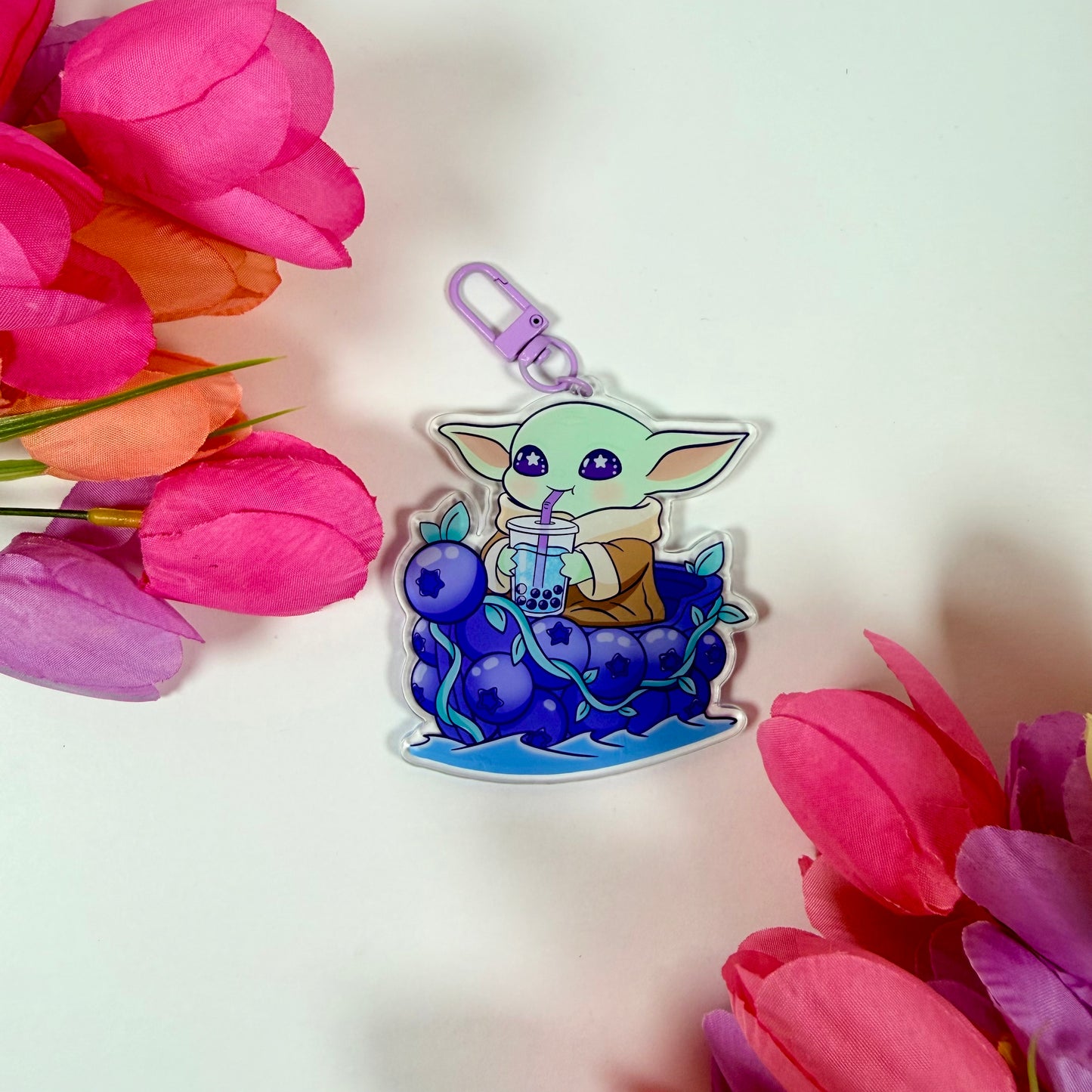 Baby Yoda blueberry Creature Acrylic Keychain | Bubble Tea Charm | Double-Sided Keychain