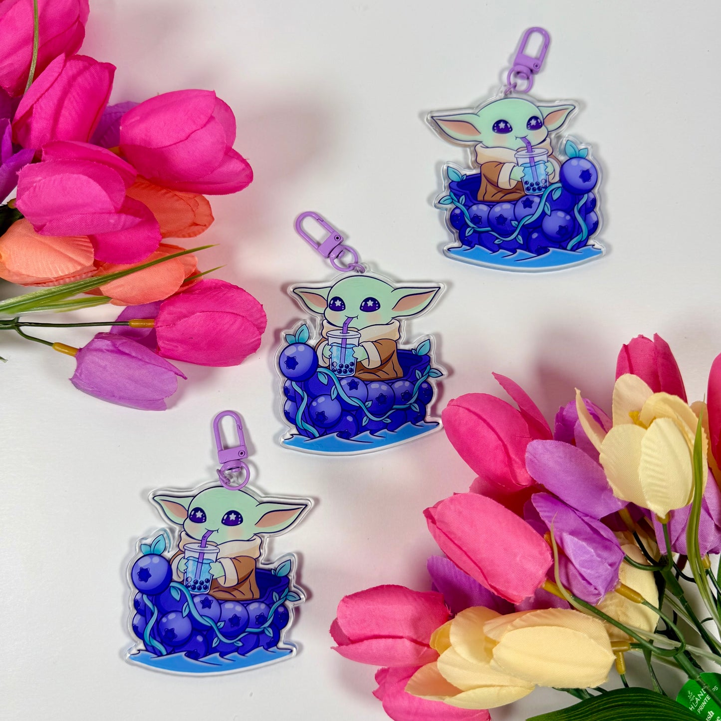 Baby Yoda blueberry Creature Acrylic Keychain | Bubble Tea Charm | Double-Sided Keychain
