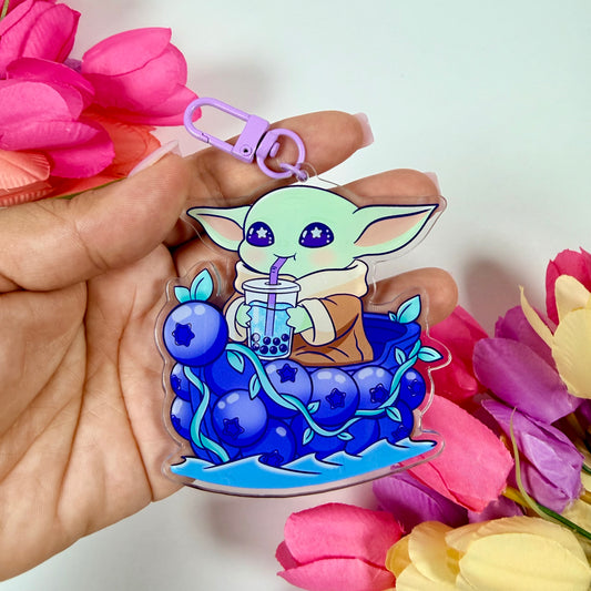 Baby Yoda blueberry Creature Acrylic Keychain | Bubble Tea Charm | Double-Sided Keychain