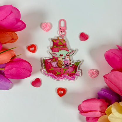 Cute Space baby yoda  Creature Dragon Fruit Acrylic Keychain | Bubble Tea Double-Sided Charm