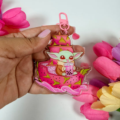 Cute Space baby yoda  Creature Dragon Fruit Acrylic Keychain | Bubble Tea Double-Sided Charm