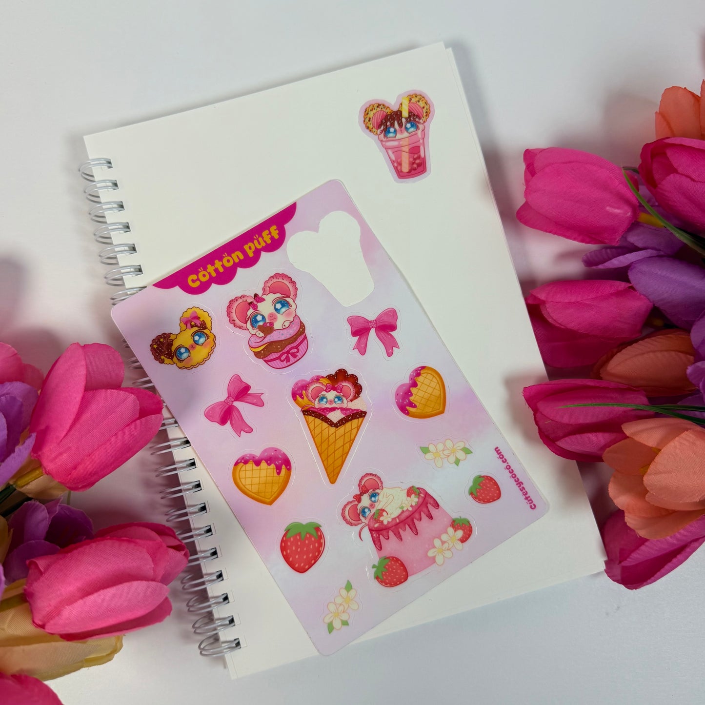 Cotton Puff Strawberry Dessert Waterproof Sticker Sheet | Cute Kawaii Vinyl Stickers
