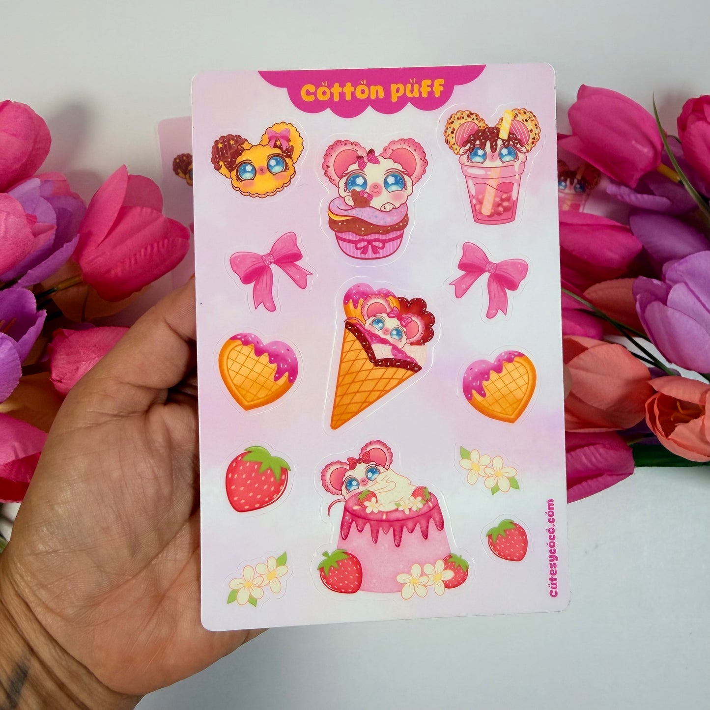 Cotton Puff Strawberry Dessert Waterproof Sticker Sheet | Cute Kawaii Vinyl Stickers