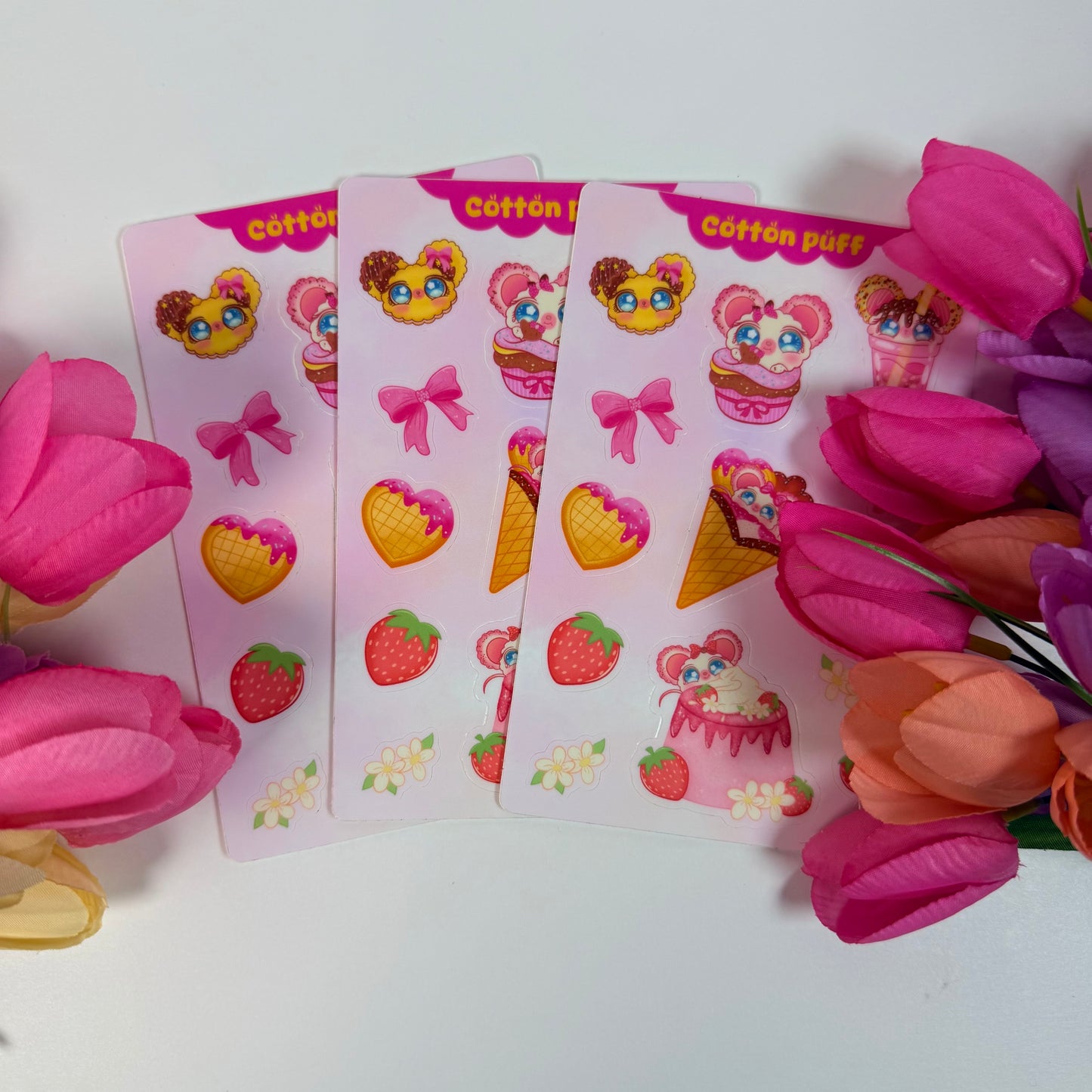 Cotton Puff Strawberry Dessert Waterproof Sticker Sheet | Cute Kawaii Vinyl Stickers