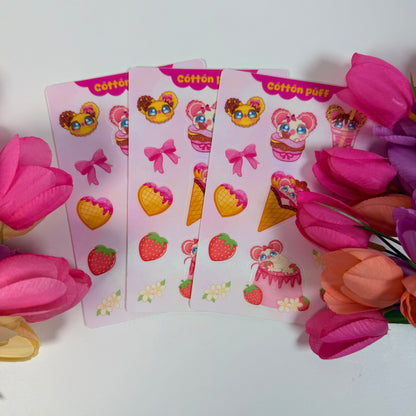 Cotton Puff Strawberry Dessert Waterproof Sticker Sheet | Cute Kawaii Vinyl Stickers