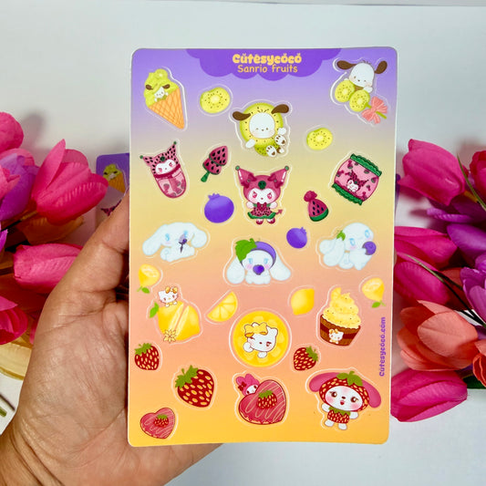 Kawaii Fruit Friends Waterproof Sticker Sheet | Cute Pastel Vinyl Planner Stickers