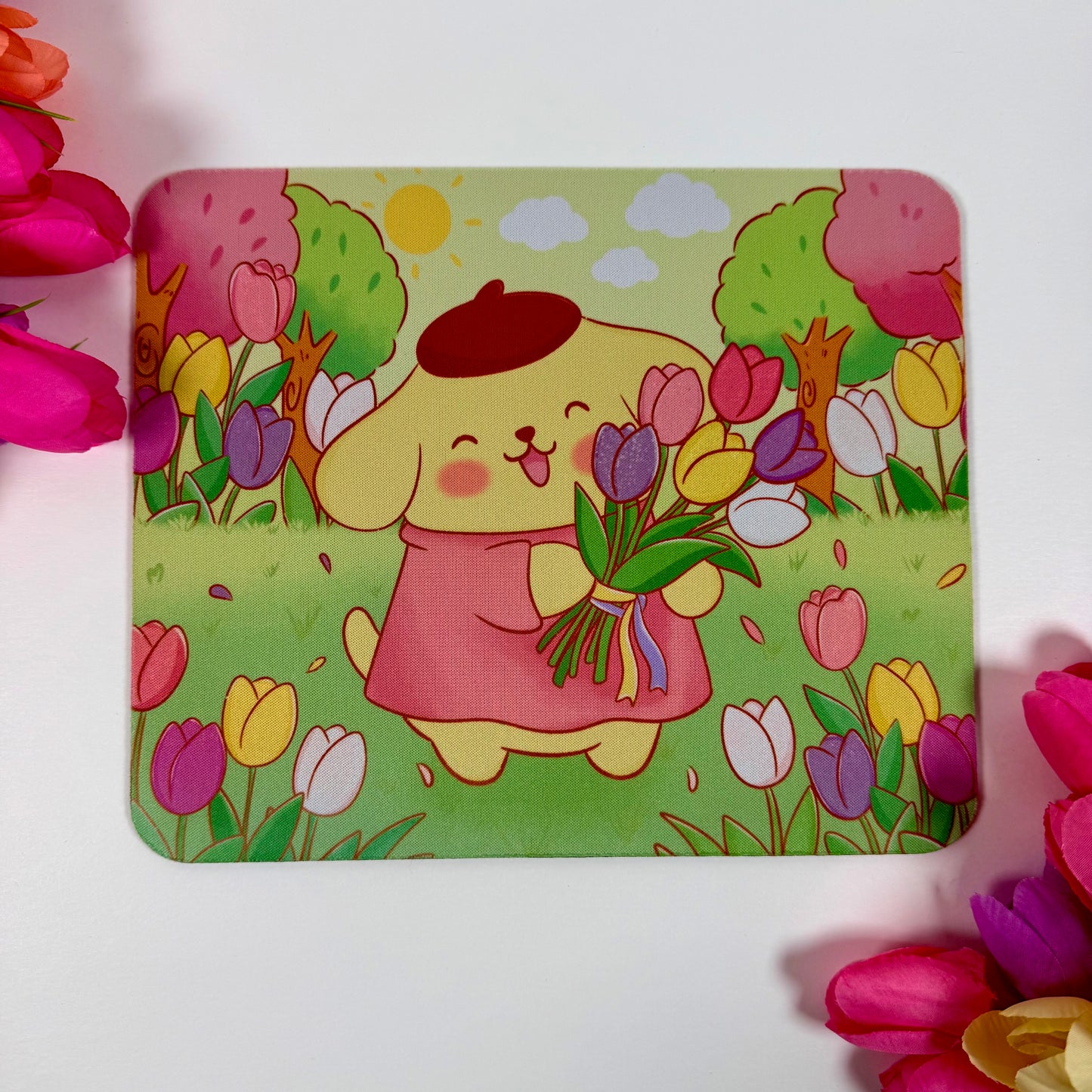 Pompompurin Tulip Garden Mouse Pad | Cute Kawaii Desk Accessory | Floral Anime-Inspired Mouse Pad