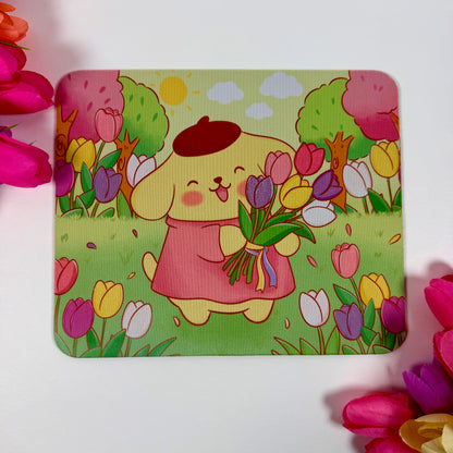 Pompompurin Tulip Garden Mouse Pad | Cute Kawaii Desk Accessory | Floral Anime-Inspired Mouse Pad