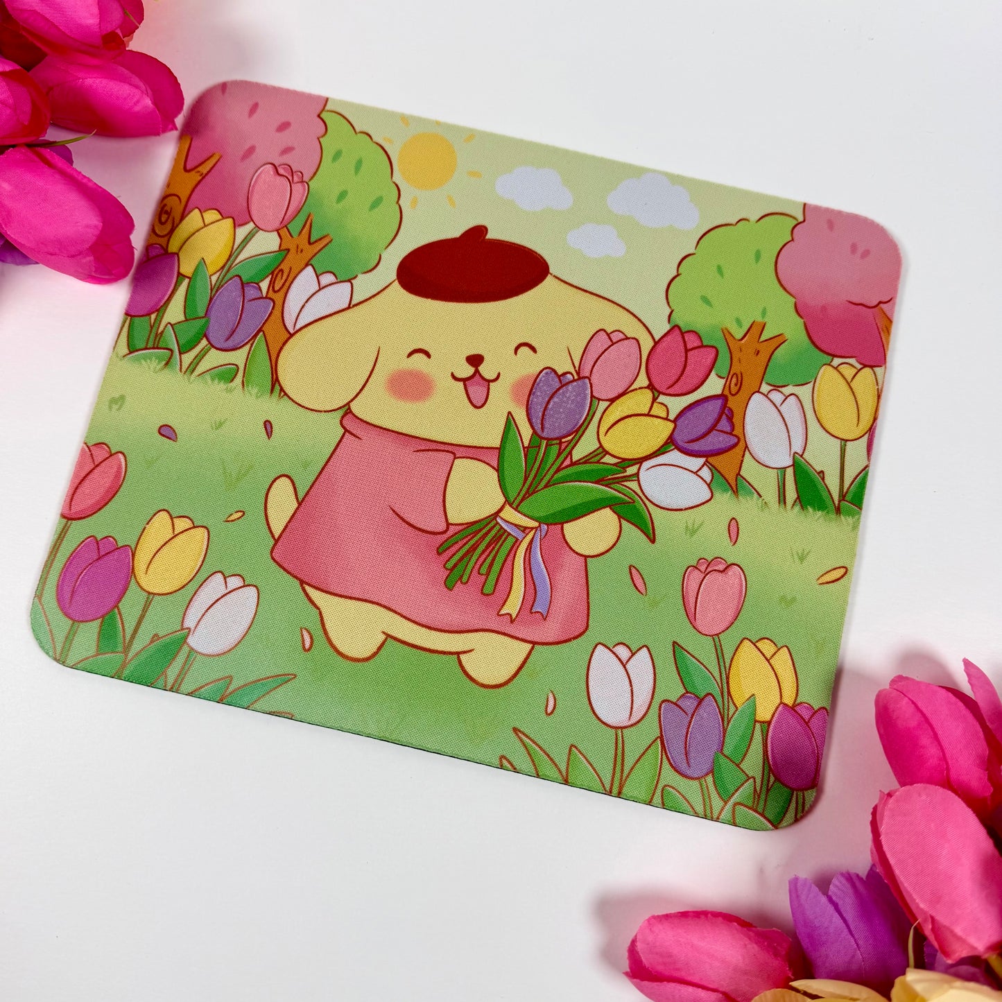 Pompompurin Tulip Garden Mouse Pad | Cute Kawaii Desk Accessory | Floral Anime-Inspired Mouse Pad