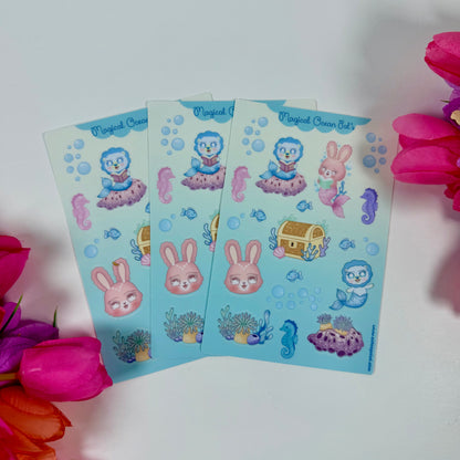 Magical Ocean Pals Waterproof Sticker Sheet | Cute Mermaid & Sea Animal Vinyl Stickers