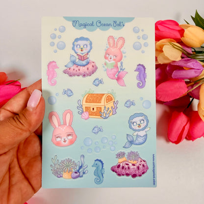 Magical Ocean Pals Waterproof Sticker Sheet | Cute Mermaid & Sea Animal Vinyl Stickers