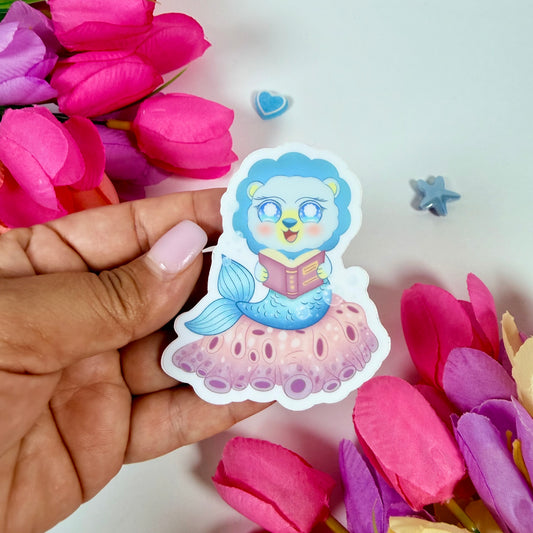 Magical Ocean Mermaid Lion Waterproof Vinyl Sticker | Cute Kawaii Reading Sticker | Ocean Animal Die Cut Sticker