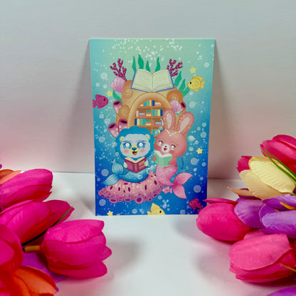 Magical Ocean Library Art Print | Cute Mermaid Reading Wall Art | Kawaii Ocean Decor by CutesyCoco