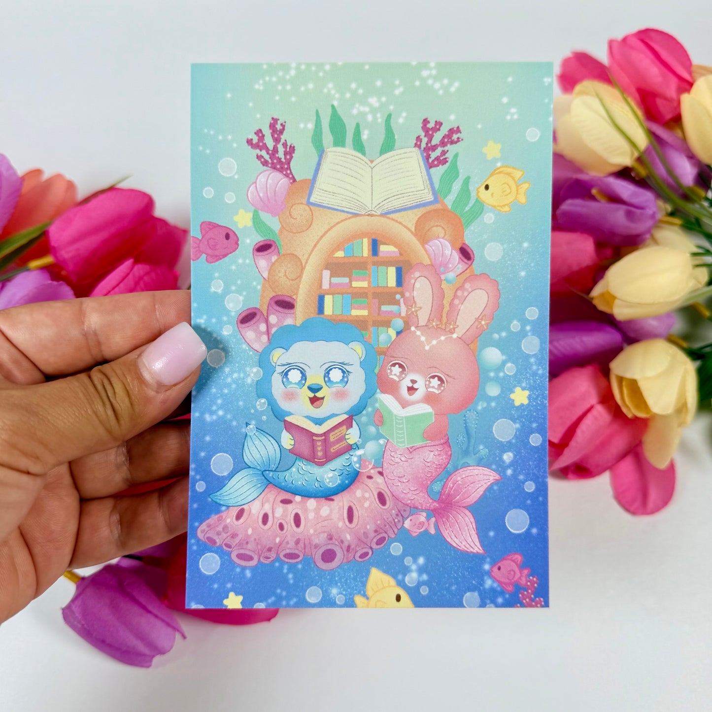 Magical Ocean Library Art Print | Cute Mermaid Reading Wall Art | Kawaii Ocean Decor by CutesyCoco