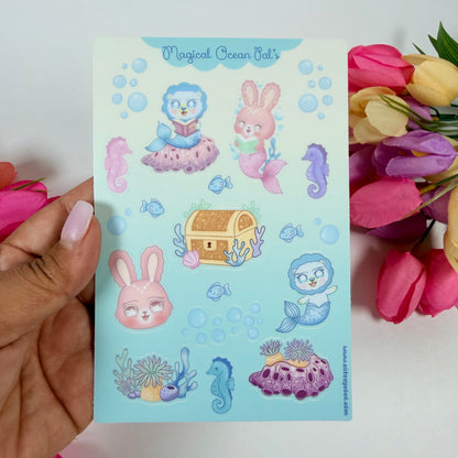 Magical Ocean Pals Sticker Sheet | Cute Mermaid & Sea Animal Stickers | Waterproof Kawaii Journal Stickers