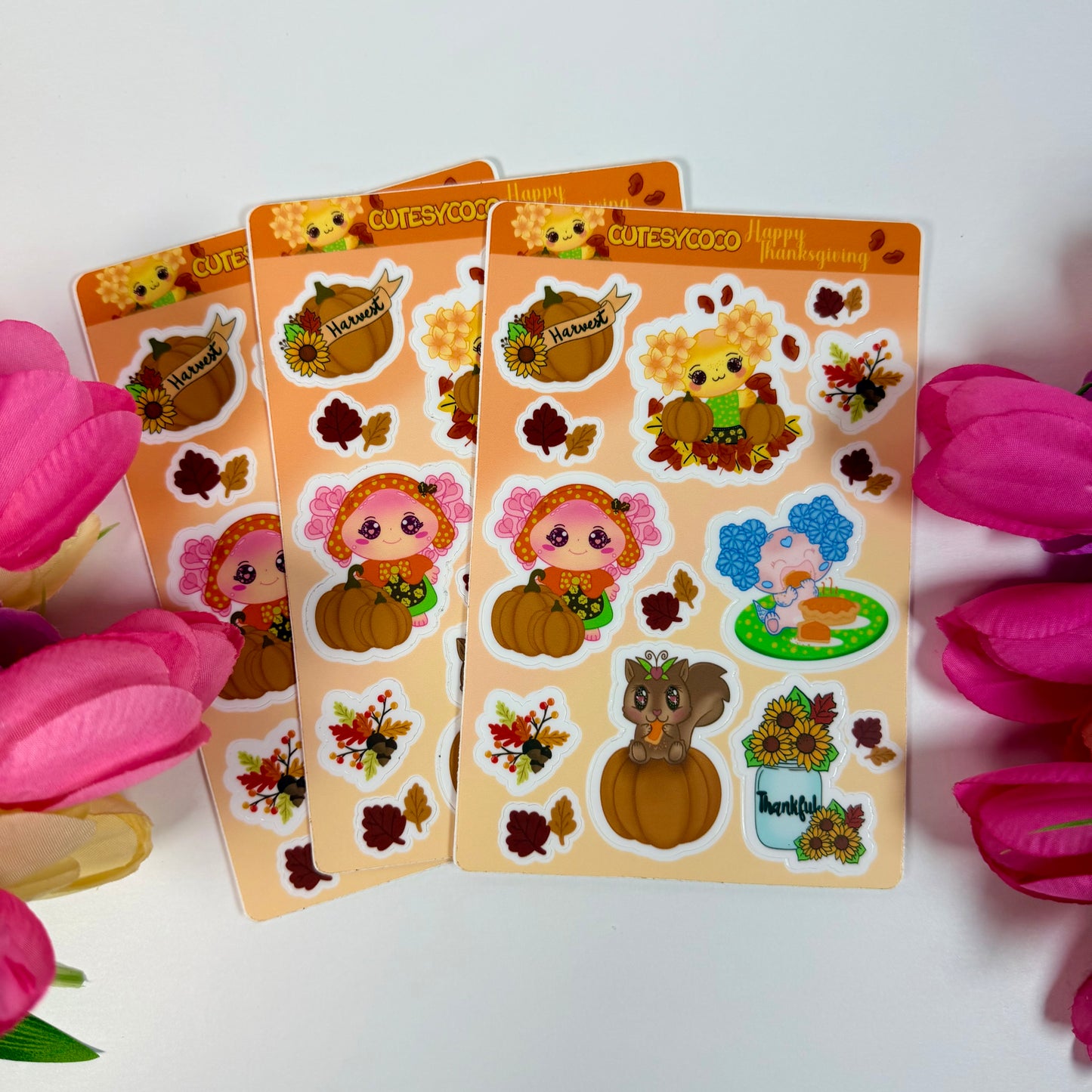 Kawaii Thanksgiving Sticker Sheet | Cute Fall Waterproof Vinyl Stickers | Pumpkin & Autumn Planner Stickers