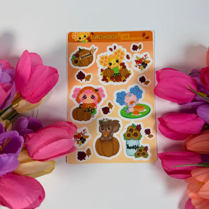 Kawaii Thanksgiving Sticker Sheet | Cute Fall Waterproof Vinyl Stickers | Pumpkin & Autumn Planner Stickers