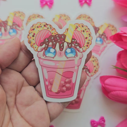 Kawaii Pink Boba Mouse Vinyl Sticker – Cute Waterproof Bubble Tea Dessert Decal