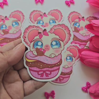 Kawaii Cupcake Mouse Vinyl Sticker – Cute Pink Dessert Animal Waterproof Decal for Laptop, Water Bottle & Planner