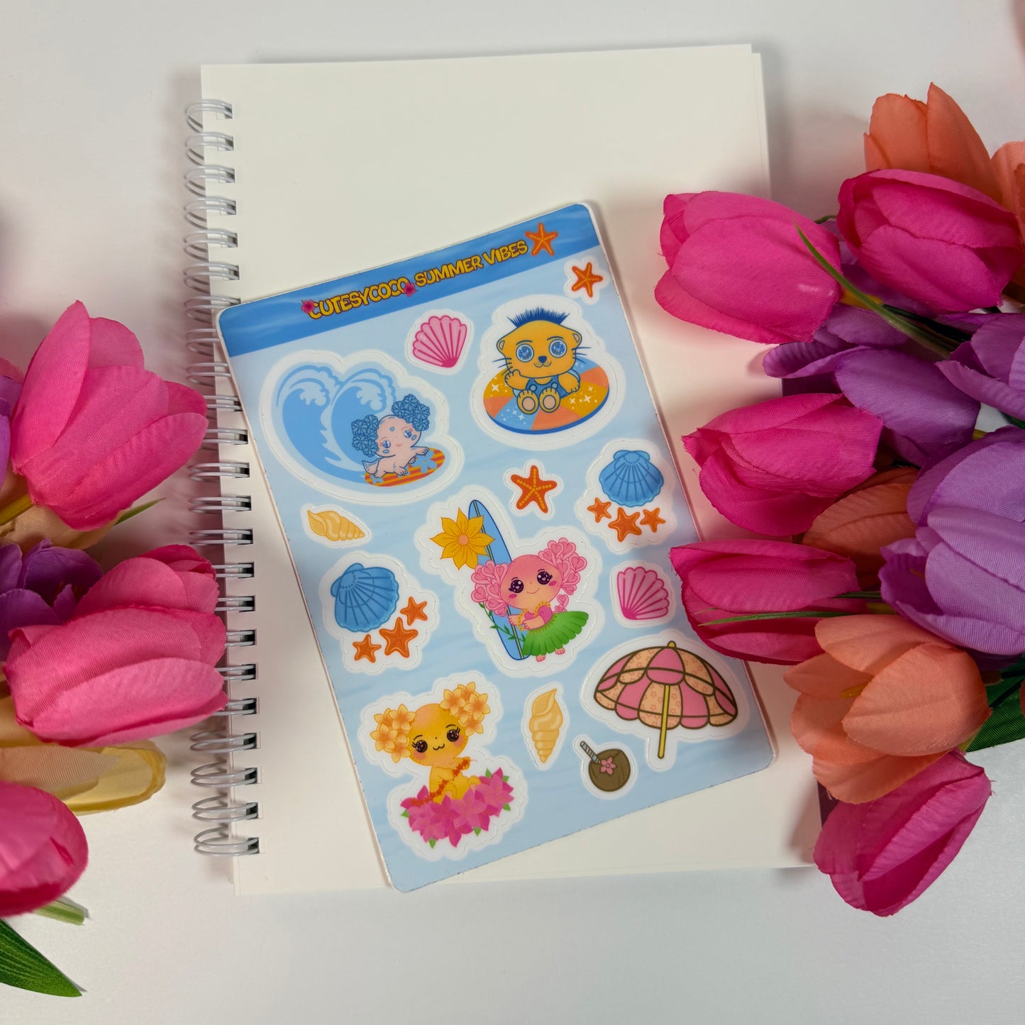 Kawaii Axolotl Summer Vibes Waterproof Sticker Sheet | Cute Beach Planner & Journal Stickers
