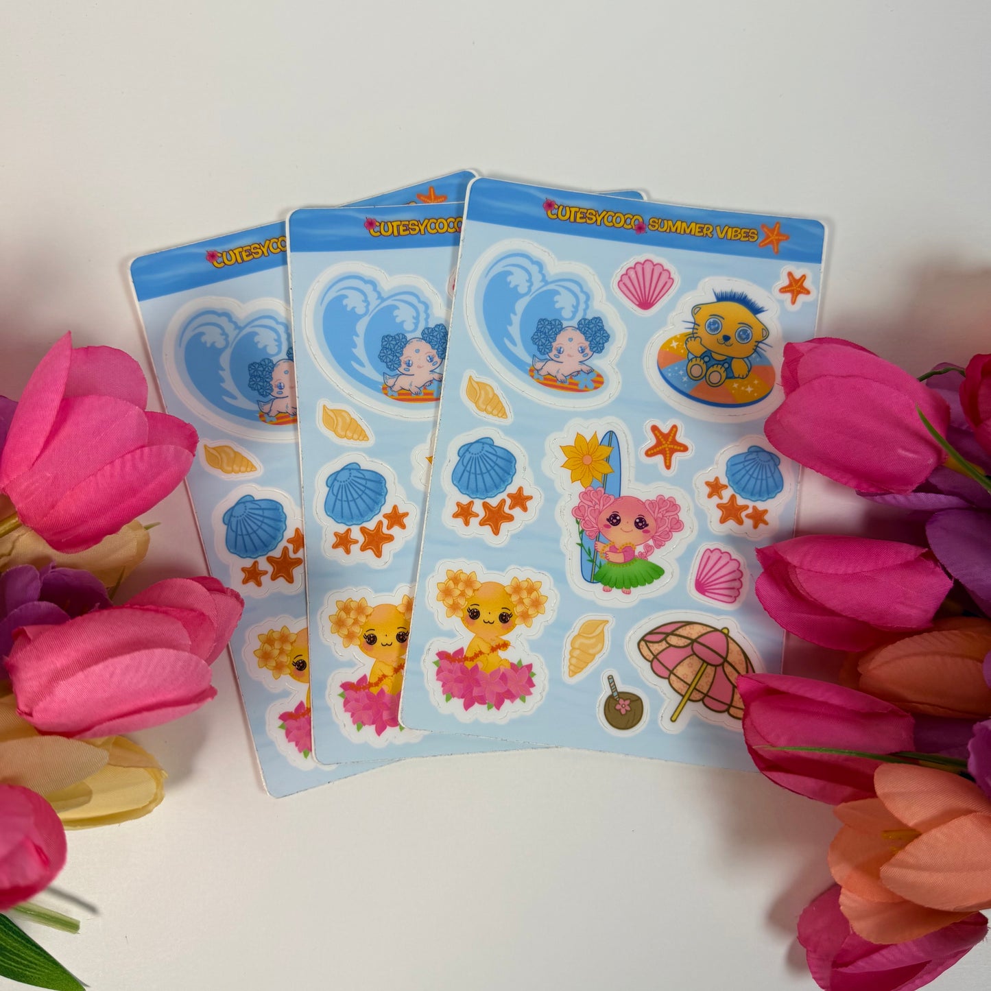 Kawaii Axolotl Summer Vibes Waterproof Sticker Sheet | Cute Beach Planner & Journal Stickers