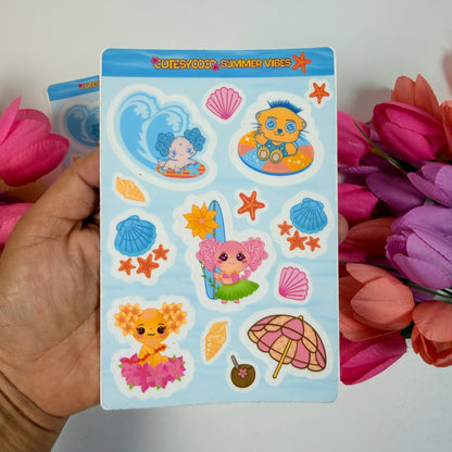 Kawaii Axolotl Summer Vibes Waterproof Sticker Sheet | Cute Beach Planner & Journal Stickers