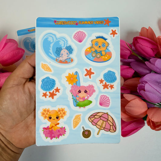 Kawaii Axolotl Summer Vibes Waterproof Sticker Sheet | Cute Beach Planner & Journal Stickers